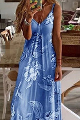 Simple Printed Blue Boho Chic Travel Dress. Ins street